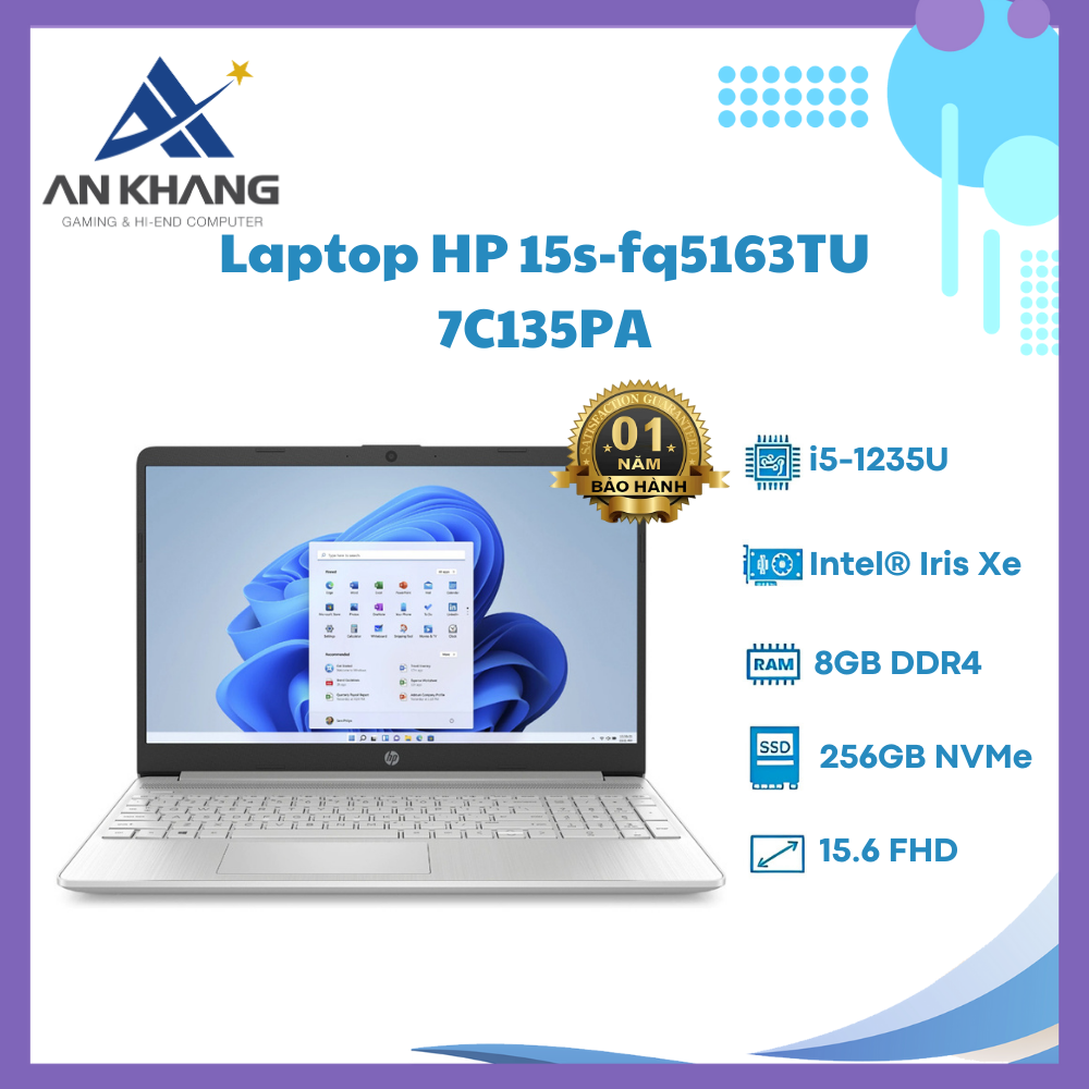 Laptop HP 15s-fq5163TU 7C135PA (Core i5-1235U | 8GB | 256GB | Iris Xᵉ Graphics | 15.6 inch FHD | Windows 11 | Natural Silver) - Hàng Chính Hãng - Bảo Hành 12 Tháng Tại HP Việt Nam