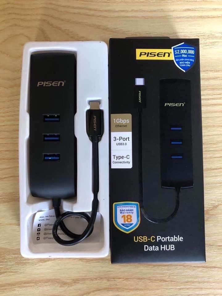 Bộ chuyển đổi Pisen USB - C TS-E116 ( Chuyển Type C sang 3 x USB 3.0vaf 1 x LAN 1Gb _ màu ngẫu nhiên _ Hàng chính hãng