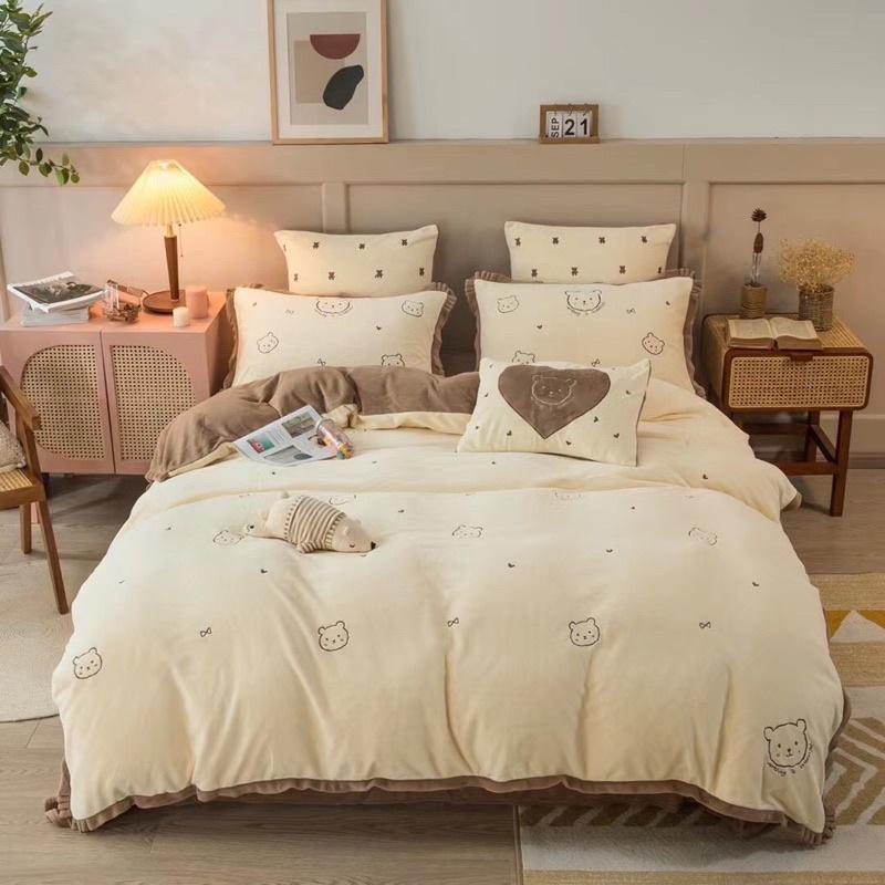 Bộ Chăn Ga Gối Nỉ Nhung Mịn Hàng Nhập Khẩu Cao Cấp 4 Món Gấu Teddy