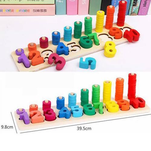Bộ đồ chơi ghép chữ số, bộ đếm, hình khối và màu sắc bằng gỗ