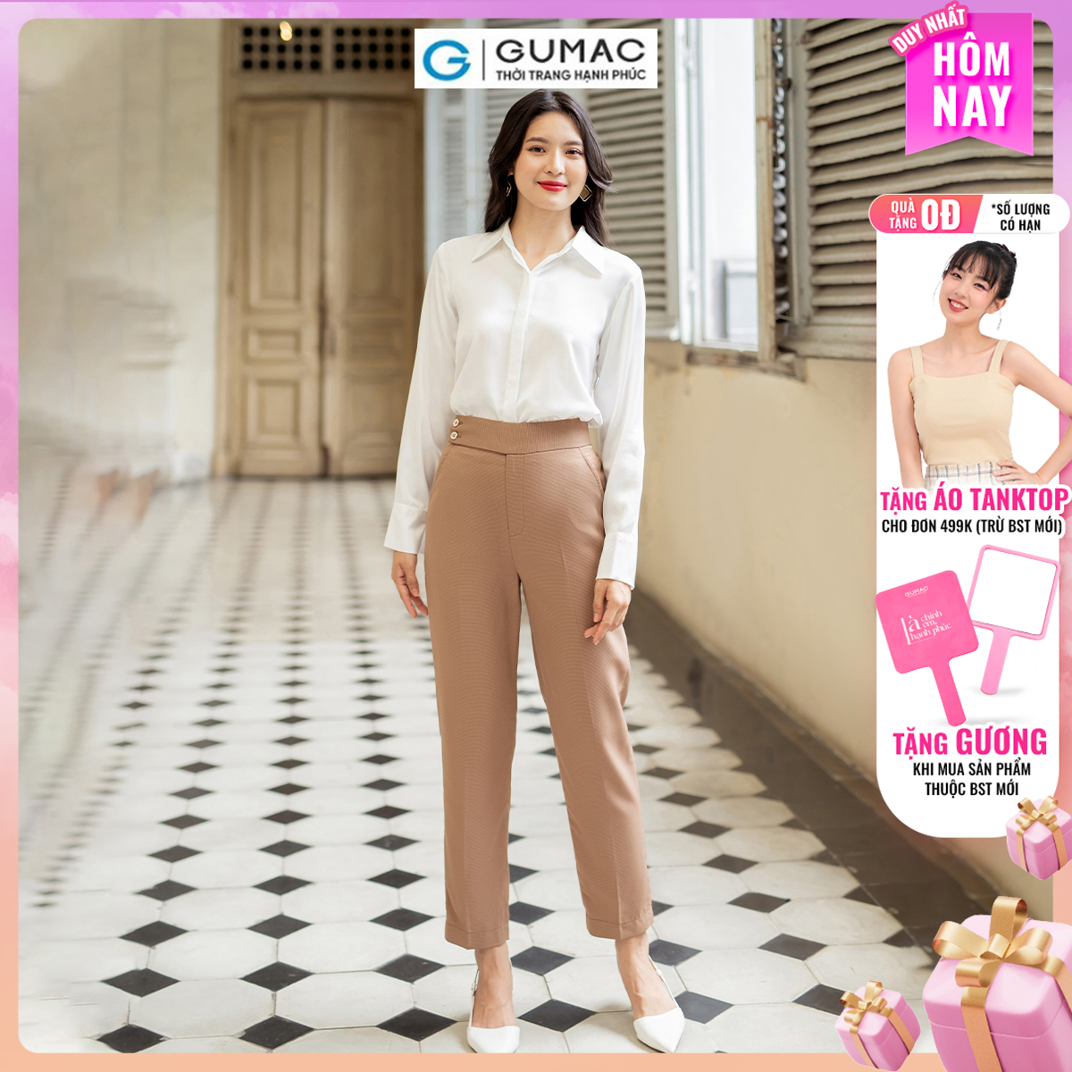 Quần tây nữ ống đứng phối 2 nút công sở tôn dáng thanh lịch thời trang GUMAC QD07051