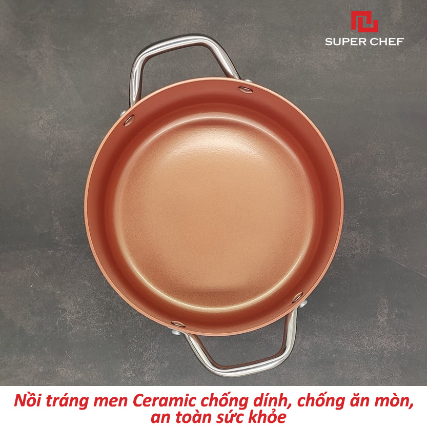 Bộ Nồi Bếp Từ Super Chef Tráng Men Gốm Ceramic Chống Dính An Toàn Sức Khỏe Không Bong Tróc, Hạn Chế Trầy Siêu Bền Bỉ, Dày Dặn Chín Đều Thơm Ngon