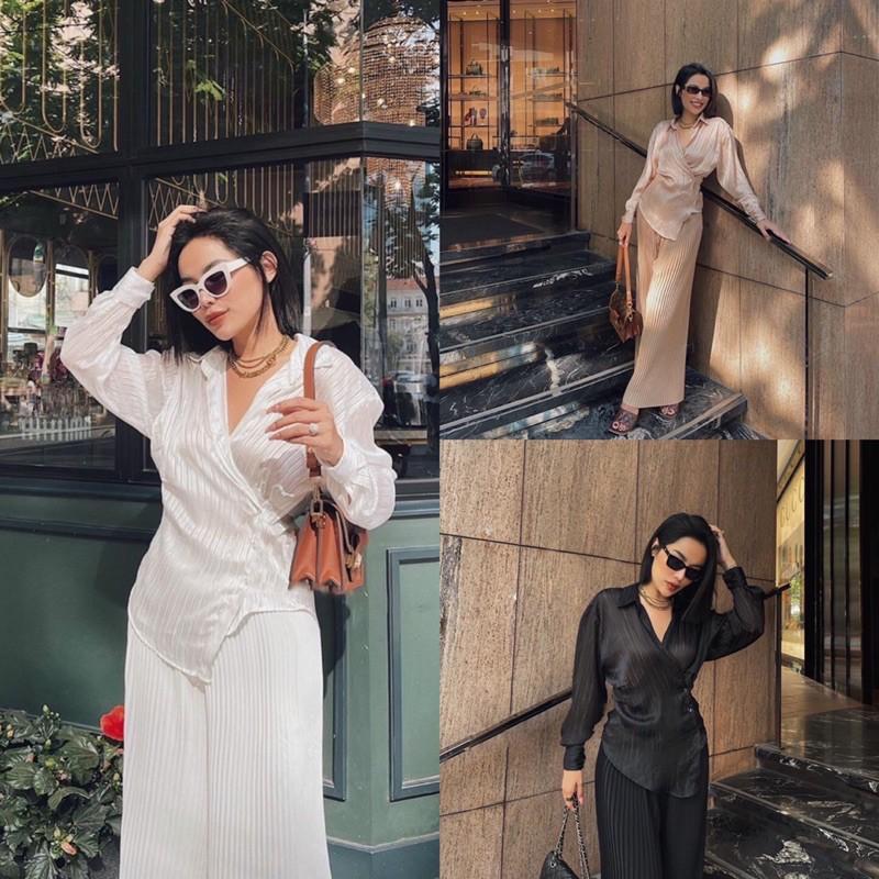 Áo sơmi đắp chéo và quần suông dập li tôn dáng nhiều màu