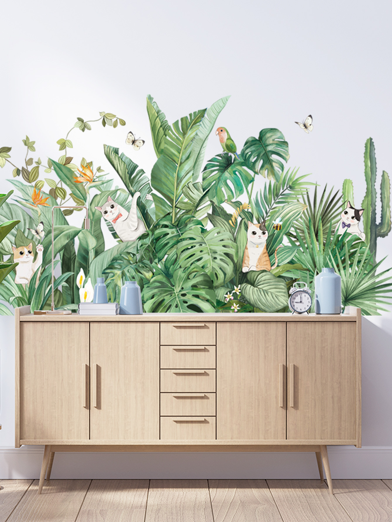 Sticker Giấy Dán Tường Decal Dán tường Tranh Dán Tường Trang Trí Tường Mẫu Hoa Lá Mèo Chim Phong Cách Vintage ZDB-2274