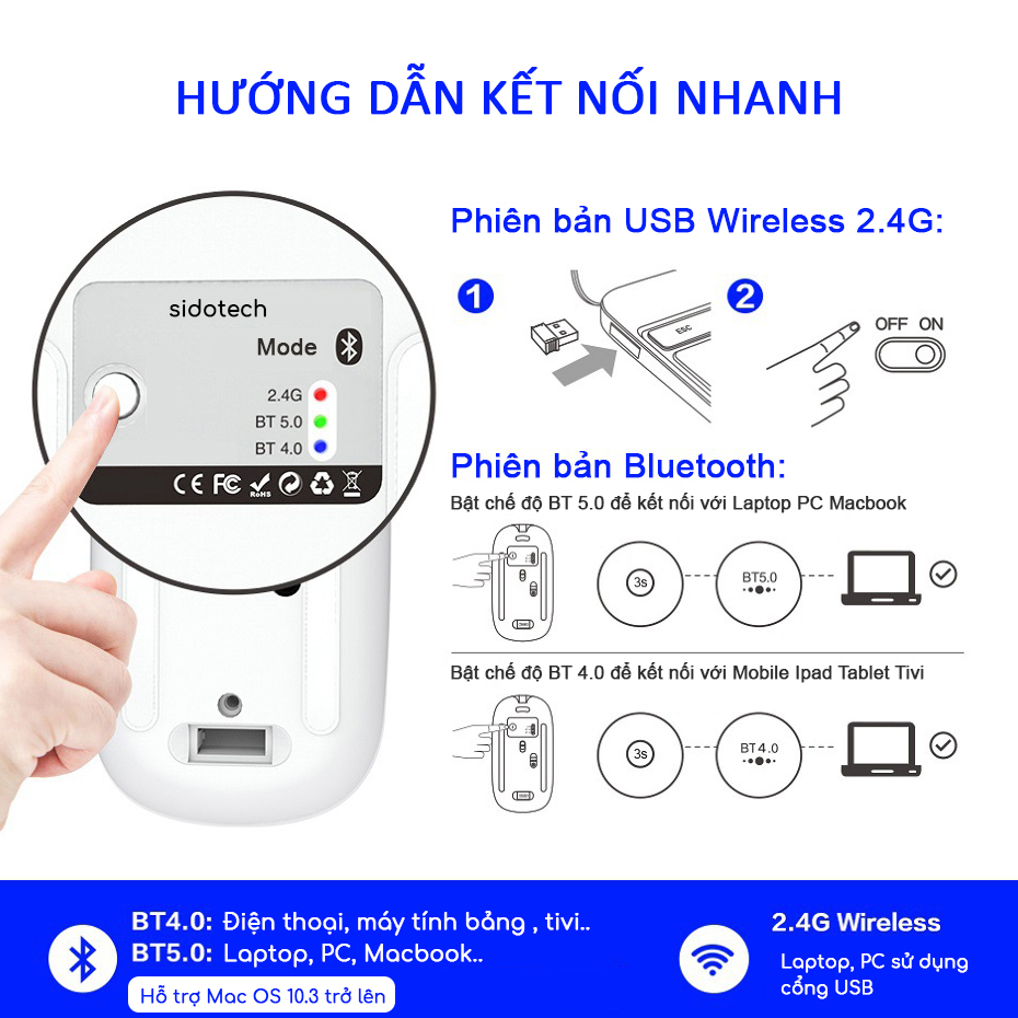 Chuột không dây Wireless Bluetooth sạc pin SIDOTECH PM1 không cần thay pin, sạc 1 lần dùng 30 ngày thiết kế công thái học không mỏi tay, silent chống ồn ban đêm tương thích Laptop Macbook Máy tính bảng PC- Hàng Chính Hãng