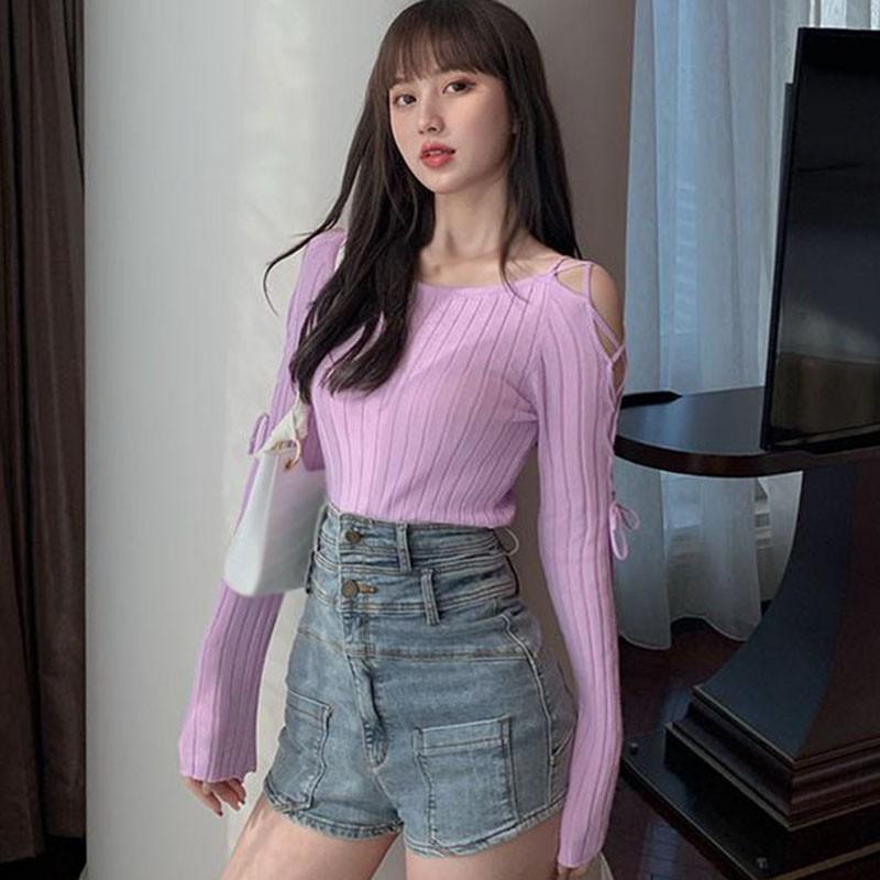 Áo Thun Dệt Kim Màu Trơn Thời Trang Cho Phụ Nữ