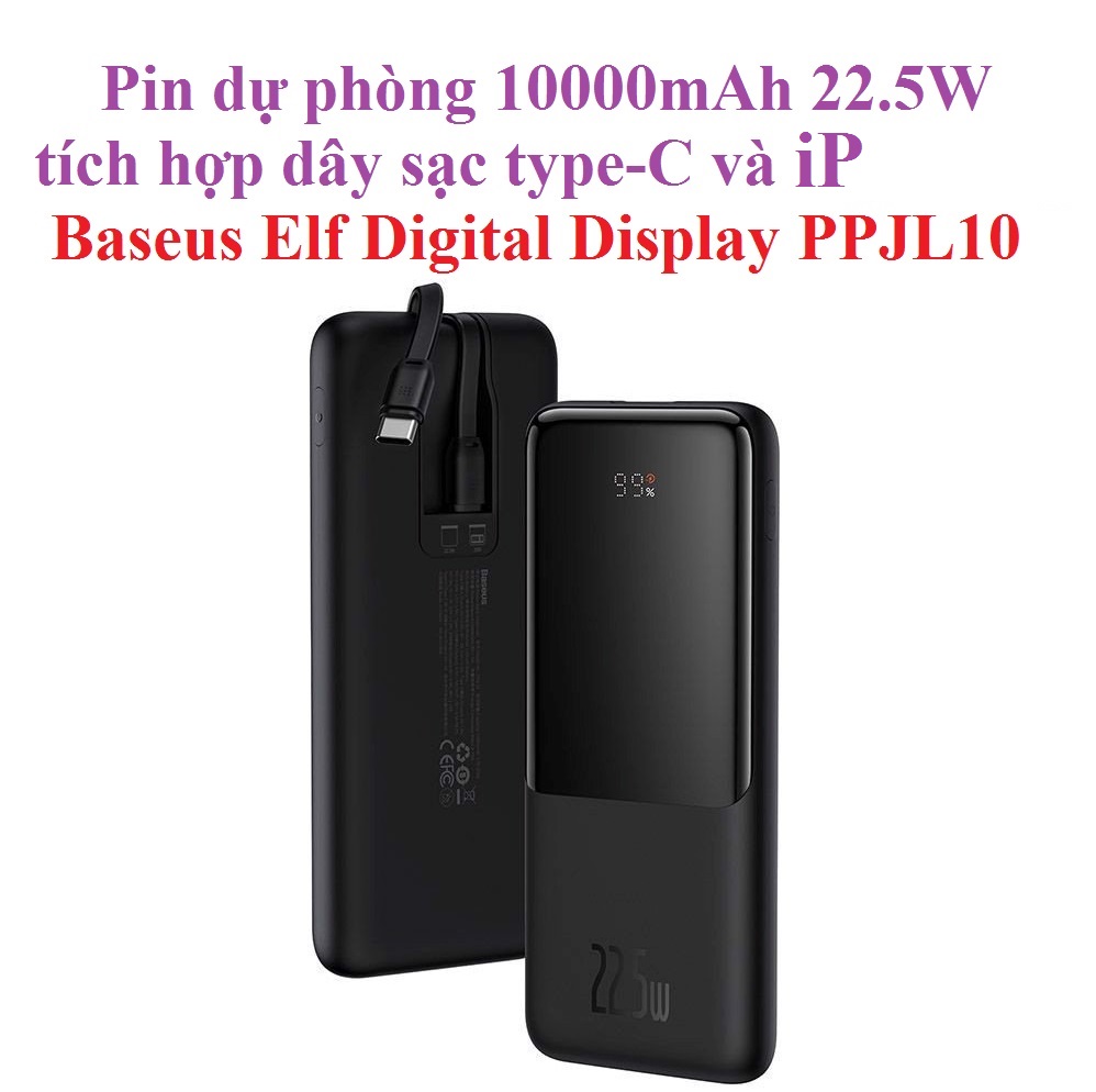 Pin dự phòng 10000mAh 22.5W tích hợp dây C + iP Baseus Elf Digital Display PPJL10 - Hàng chính hãng