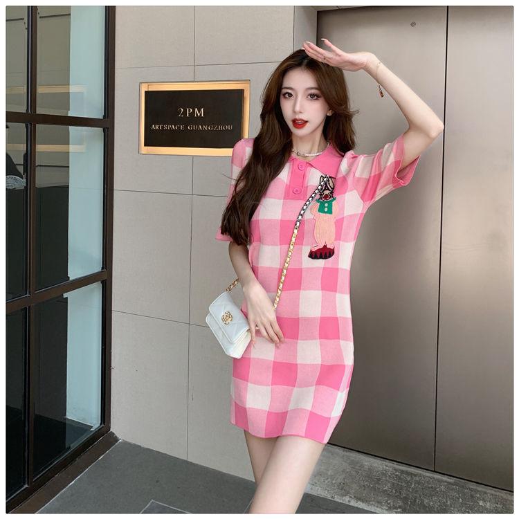 SHUANGYAN polo cổ màu hồng kẻ sọc dệt kim đầm mùa hè 2023 nhỏ lỏng lẻo thời trang ngọt ngào giảm tuổi váy