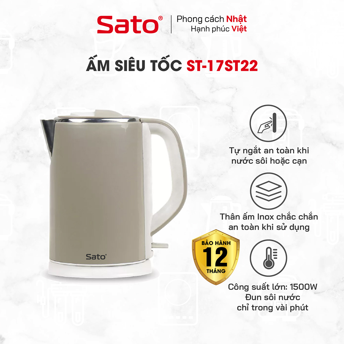 Ấm siêu tốc SATO 17ST22 1.8L - Ruột ấm  bằng inox cao cấp không gỉ, vỏ ngoài ấm bằng nhựa cao cấp cách nhiệt. Công suất 1500W đun sôi nước nhanh chóng - Miễn phí vận chuyển toàn quốc - Hàng chính hãng