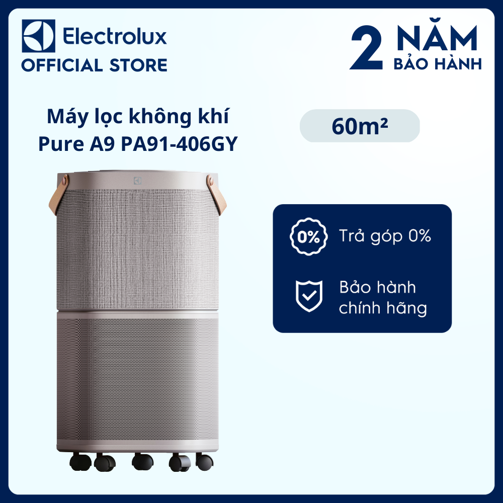 Máy lọc không khí Electrolux PA91-406GY cho phòng 60m² - Bộ lọc HEPA 13 5 lớp diệt 99.99% vi khuẩn &amp; bụi mịn, màn hình cảm ứng hiển thị chất lượng không khí, kết nối Wifi [Hàng chính hãng]