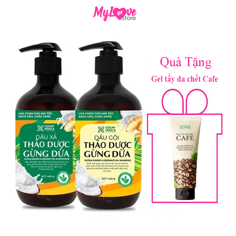 Combo Dầu Gội Xả Gừng Dừa Hữu Cơ Cocayhoala Ngăn Rụng Tóc Kích Thích Mọc Tóc - Giảm Gàu 440g + Tặng Gel Tẩy Da Chết Cafe Cocayhoala Sáng Da Sạch Mụn - Tăng Hấp Thụ Dưỡng Chất của Da - Chiết Xuất Cafe