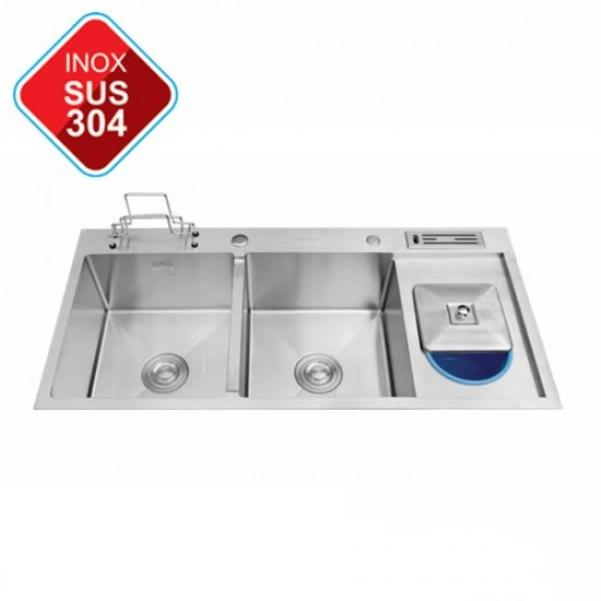 Combo chậu rửa chén bát inox sus304 Valenza 10048 có hộc rác, cài dao thớt, kèm vòi rửa bát nóng lạnh inox sus304 cần lò xo, bộ xả chậu, bình xà phòng, rá rau củ inox đa năng