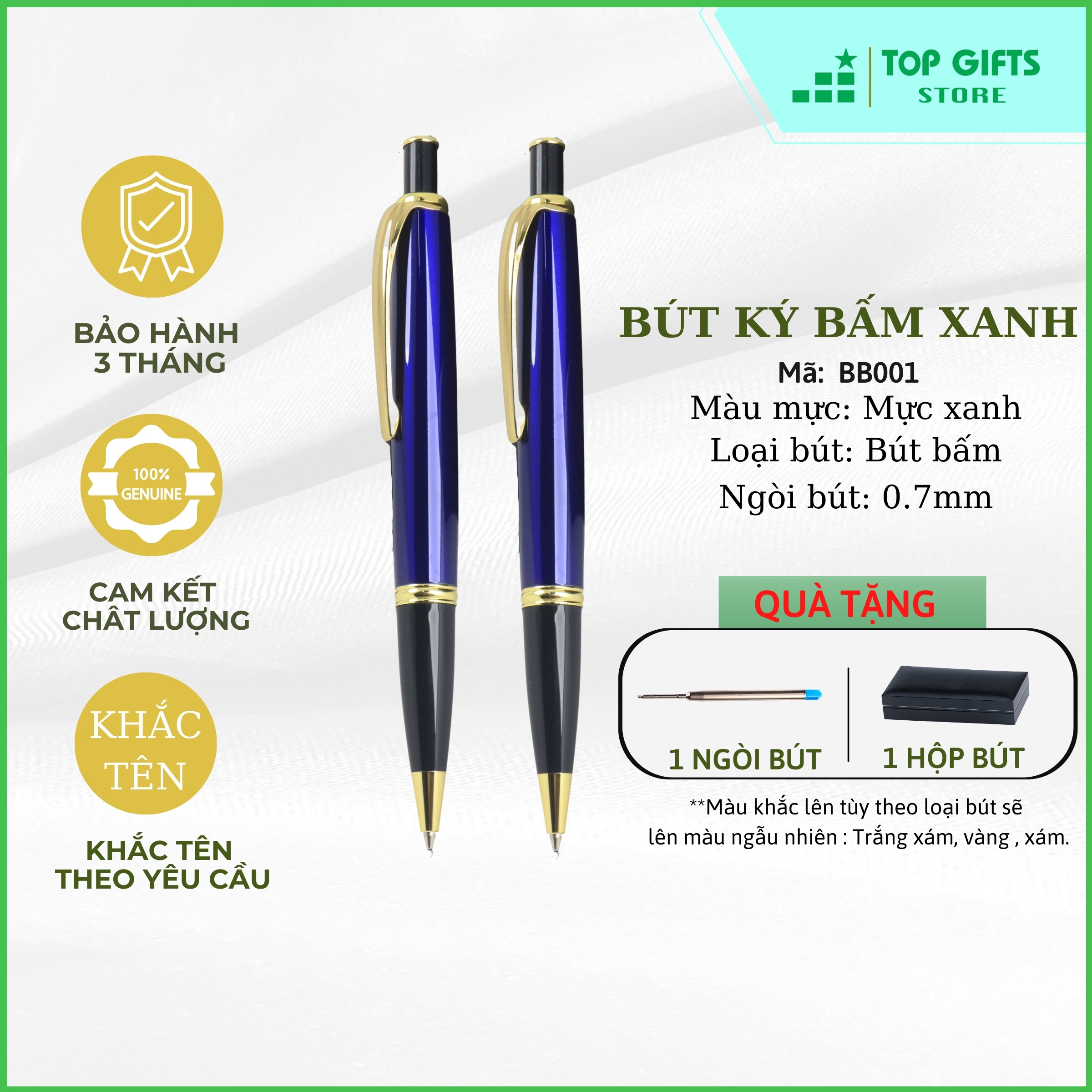 Bút ký bấm xanh dương viền vàng BB001 khắc tên - Ngòi 0.7mm mực xanh + Hộp bút