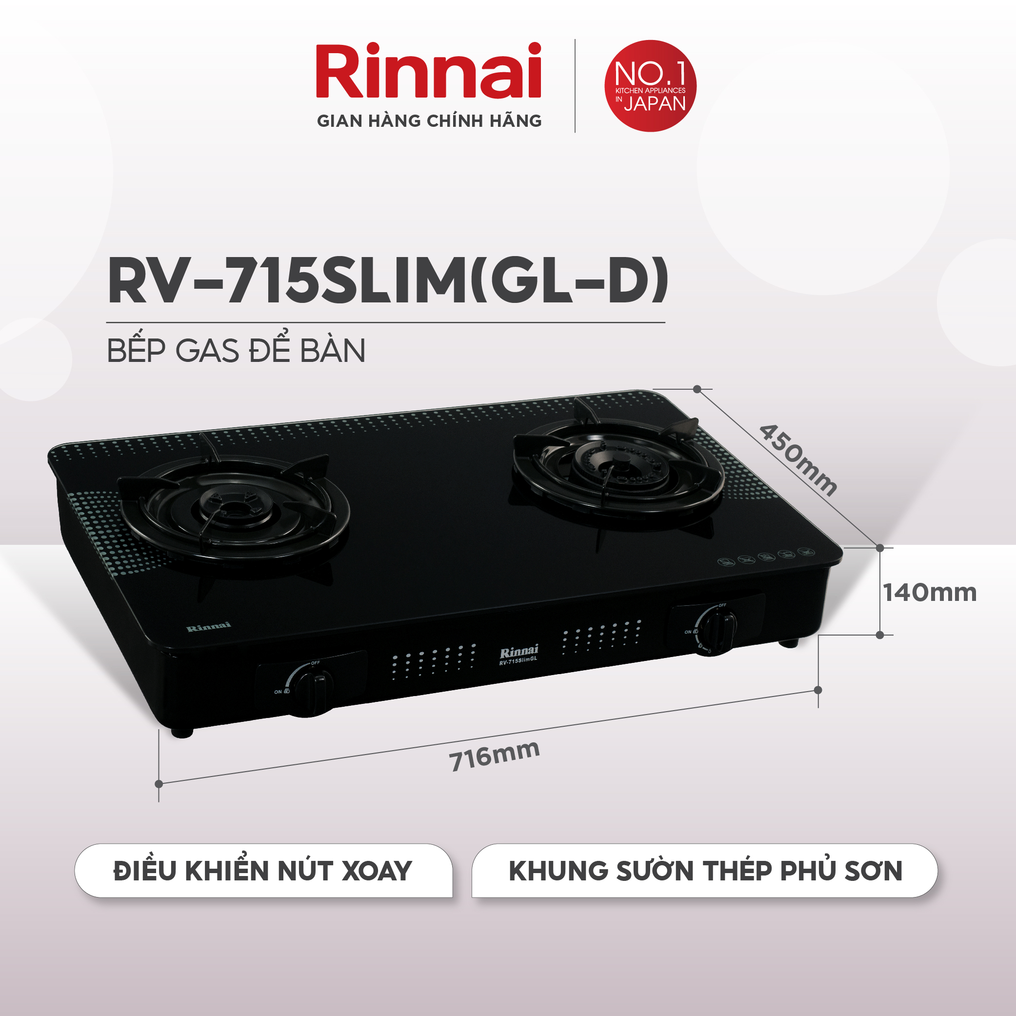 Bếp gas dương Rinnai RV-715Slim(GL-D) mặt bếp kính và kiềng bếp men - Hàng chính hãng.