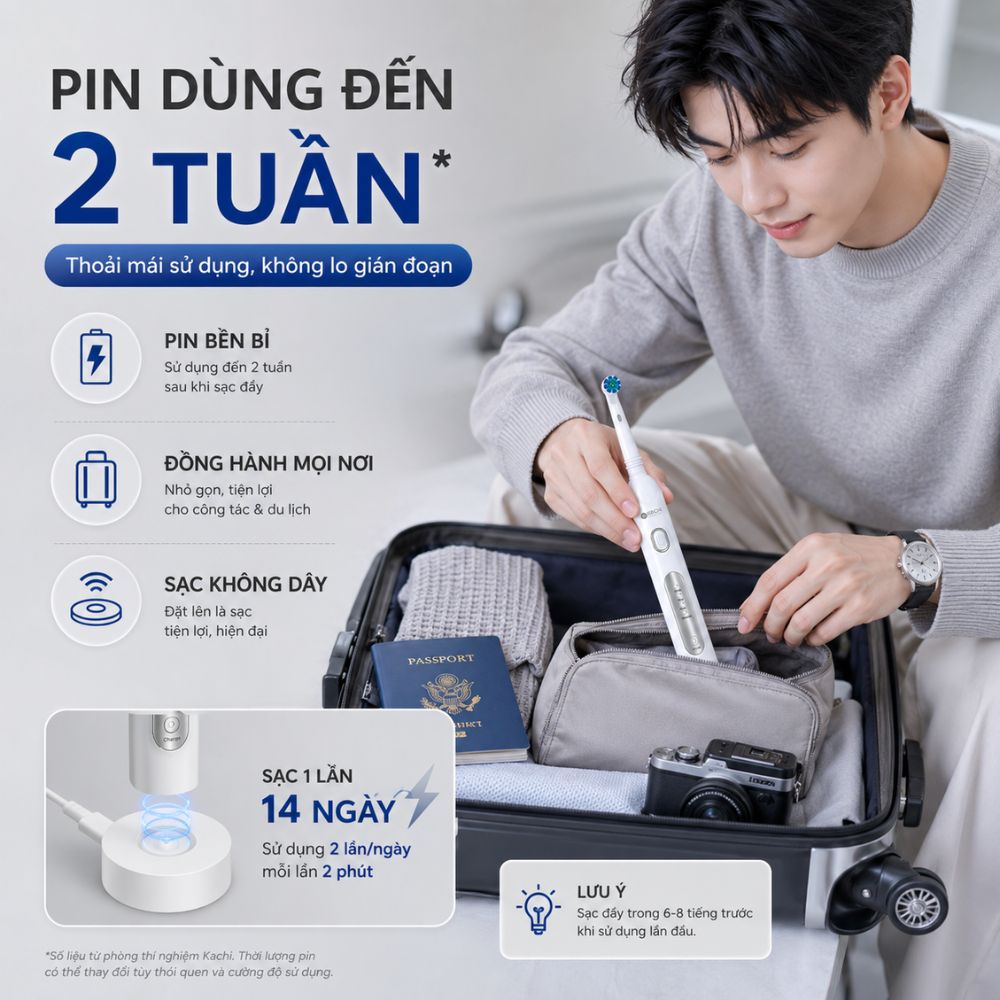 Bàn chải điện đầu xoay tròn Kachi MK361 kèm đế sạc không dây và 2 đầu bàn chải