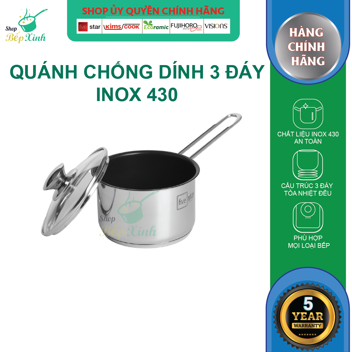 Quánh bột chống dính 3 đáy inox 430 Fivestar bếp từ nắp kính