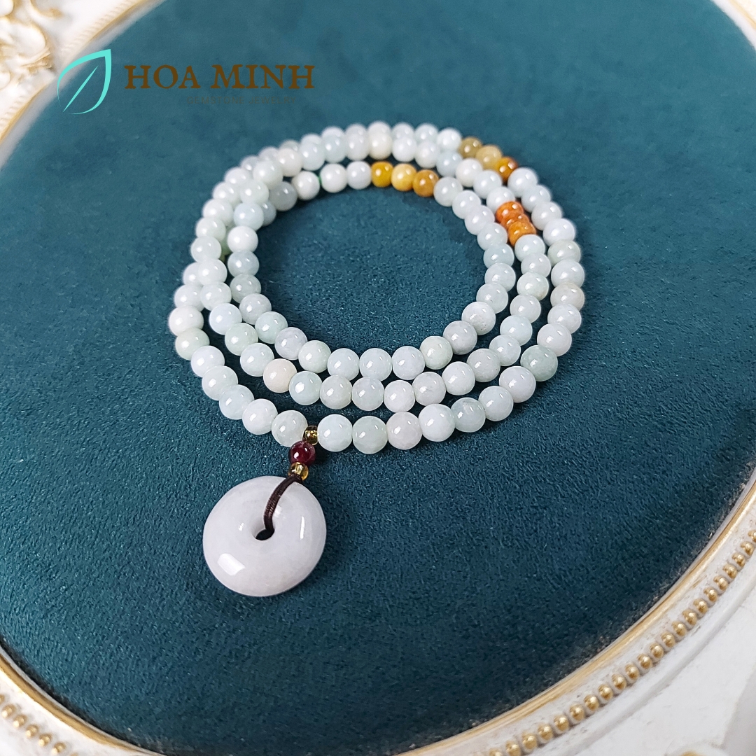 Vòng tay chuỗi 108 hạt Cẩm Thạch bạch ngọc nếp băng size hạt 5.5 li phối điếu cẩm thạch phong thủy tài lộc
