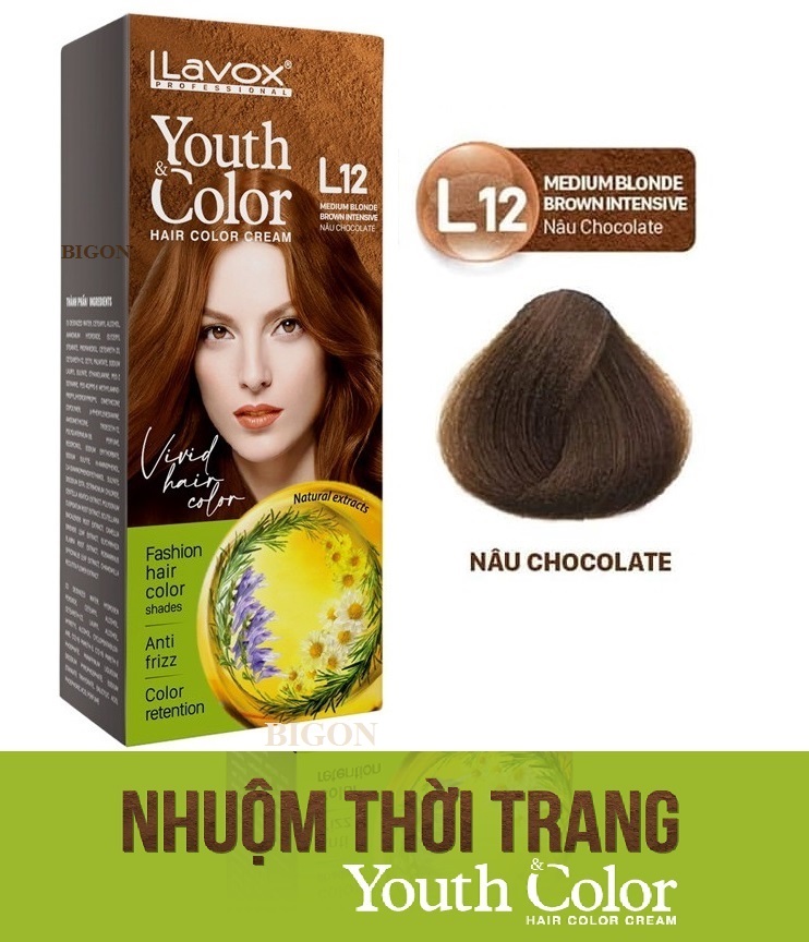 (Nâu Chocolate) Kem Nhuộm Tóc Màu Thời Trang Lavox Youth&Color L12 - Màu Nâu Chocolate