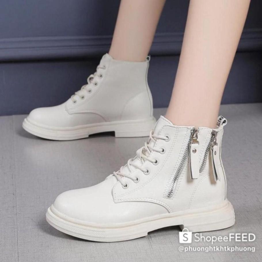 Giày Boots Nữ, Boots Nữ Cổ Thấp 3cm Hai Khóa Hot Hit Siêu Đẹp Hai Màu Đen Kem Minhtushoes Giày Nữ Cao cấp