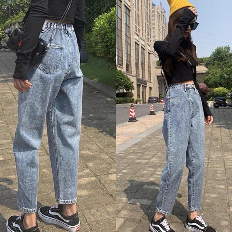 Quần Jean Lưng Chun 2 Nút Baggy Nữ Ống Suông Lưng Cao Quảng Châu