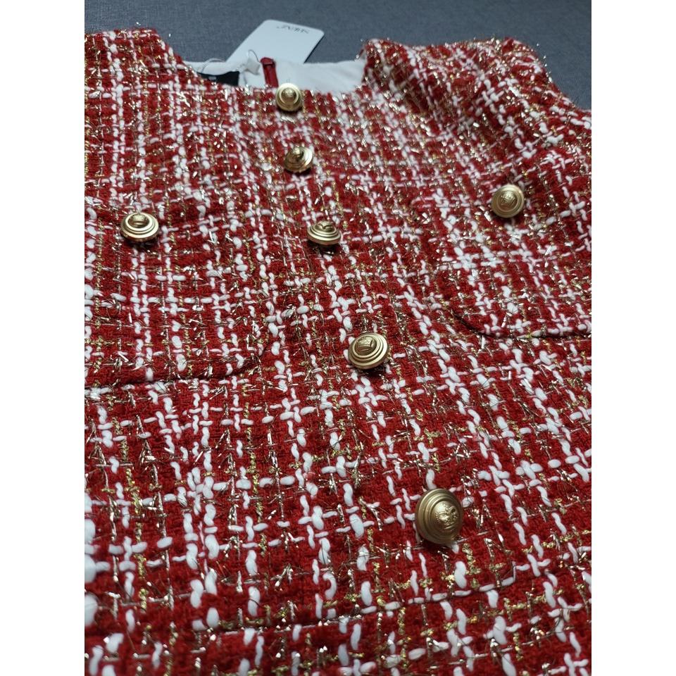 SHEAZ Đầm Tweed Đỏ Sẫm Pha Trắng Tay Dài Dáng A Xẻ Cúc Đồng