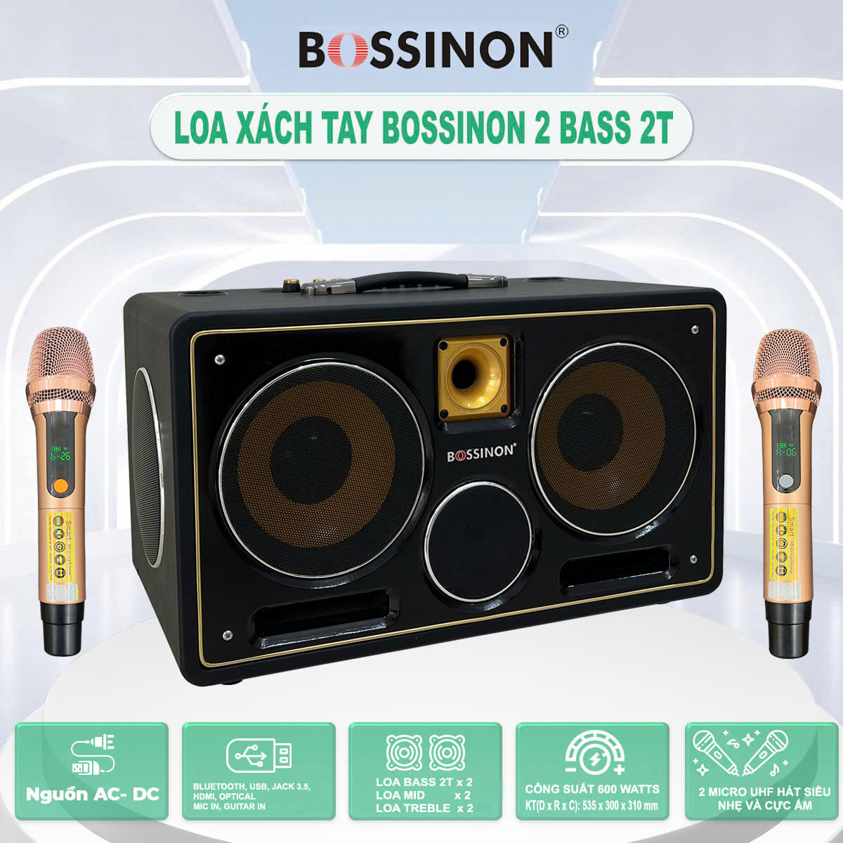 BẢN MỚI 2026 -SIÊU Loa Karaoke Xách Tay 6 Đường Tiếng Bossinon K6 Pro| Công Suất Khủng 600W ,Thiết Kế Sang Trọng ,Hệ Thống Loa 2 BASS 20Cm 2 Trung ,2 Treble ,2 Micro UHF Lọc Nhiễu &amp; Chống Hú ,Tích Hợp Vang Số Chỉnh Cơ Hát Karaoke, Hàng Chính Hãng