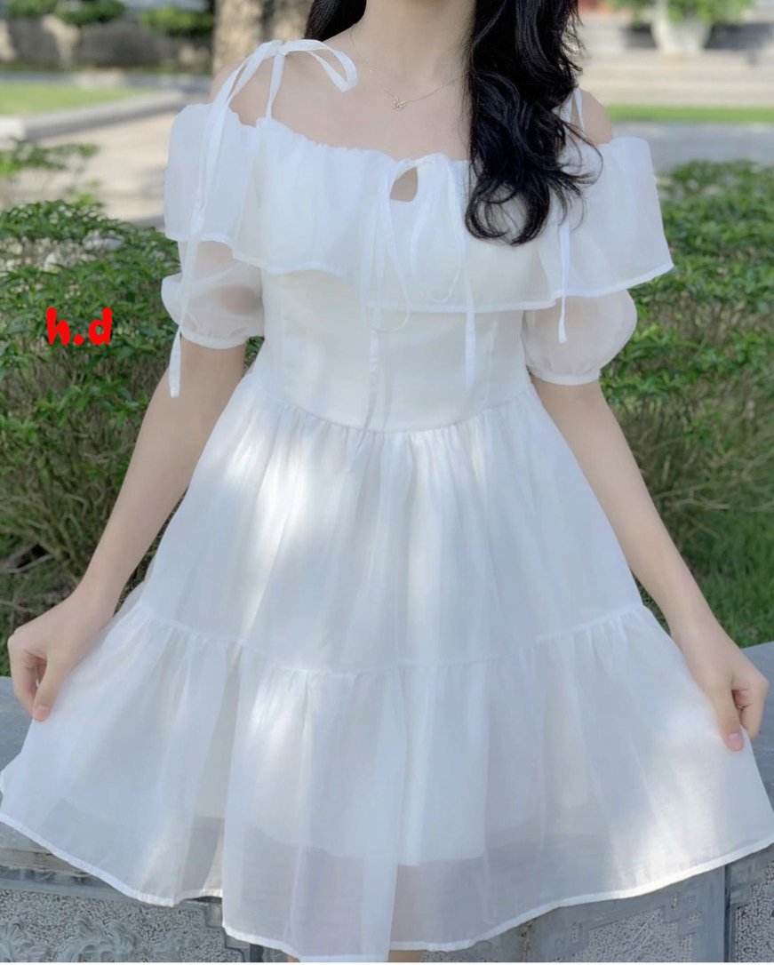 Đầm Tiểu Thư Ulzzang Buộc Nơ Vai Dáng Xòe Tầng Siêu Đẹp