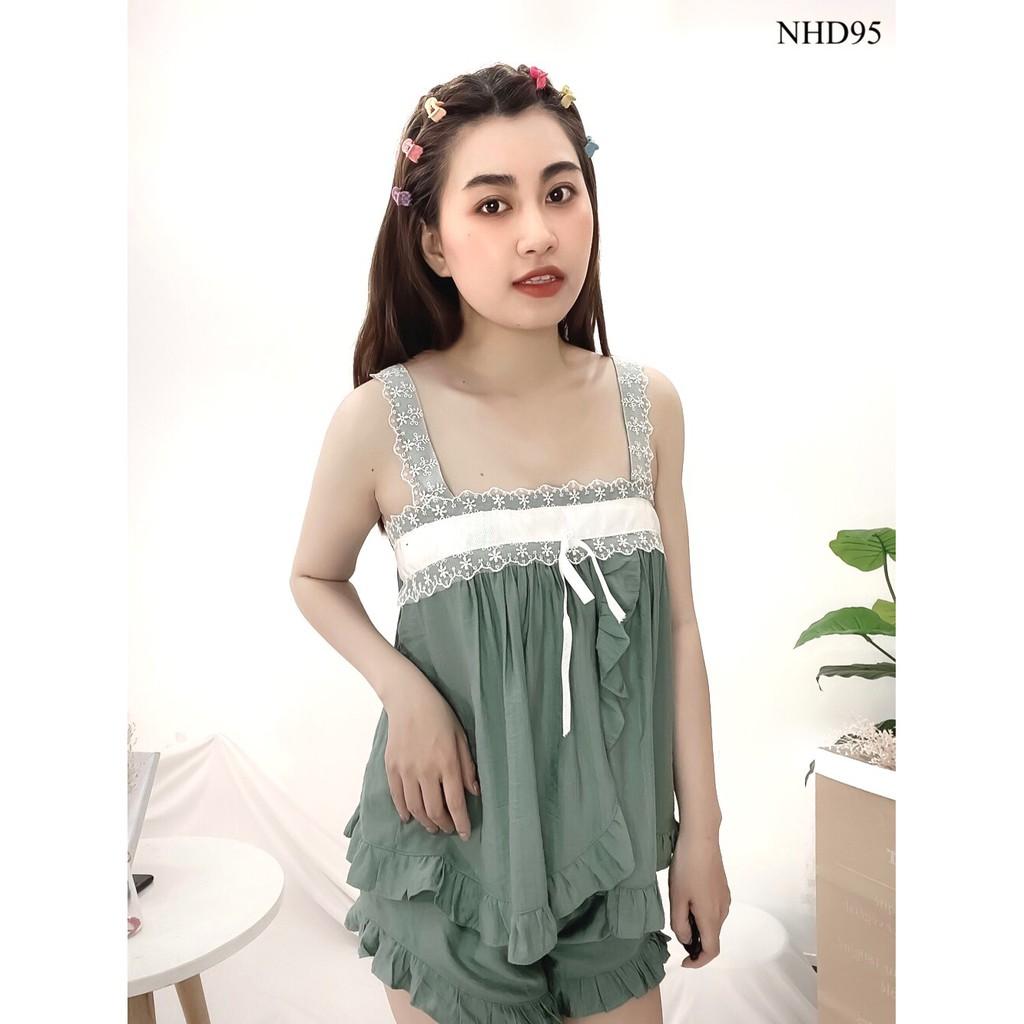 Set Bộ Nữ NHIHOUSE71 Áo Hai Vai Ren Bản Lá Đắp Quần Ngắn Lai Bèo Vải Xước Gân Bụi Cá Tính 45 - 57 Kg