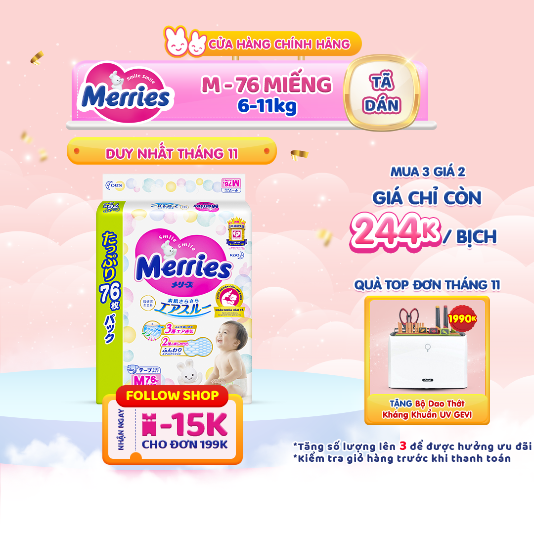 Đủ size Tã/bỉm dán Merries Jumbo đủ size M76/L64