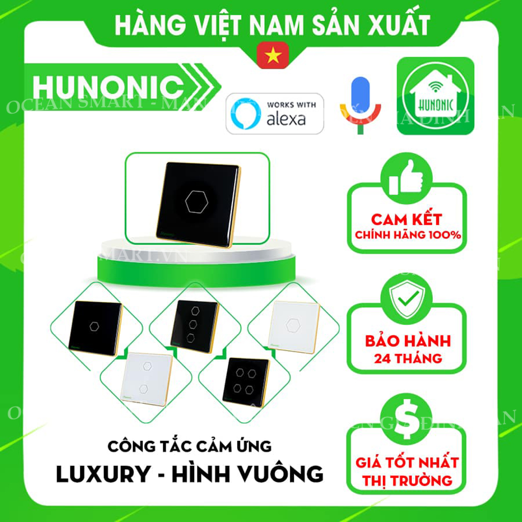 Công Tắc Cảm Ứng Thông Minh HUNONIC Luxury, Công Tắc Điều Khiển Từ Xa Bằng Điện Thoại Hình Vuông - HNLUXV