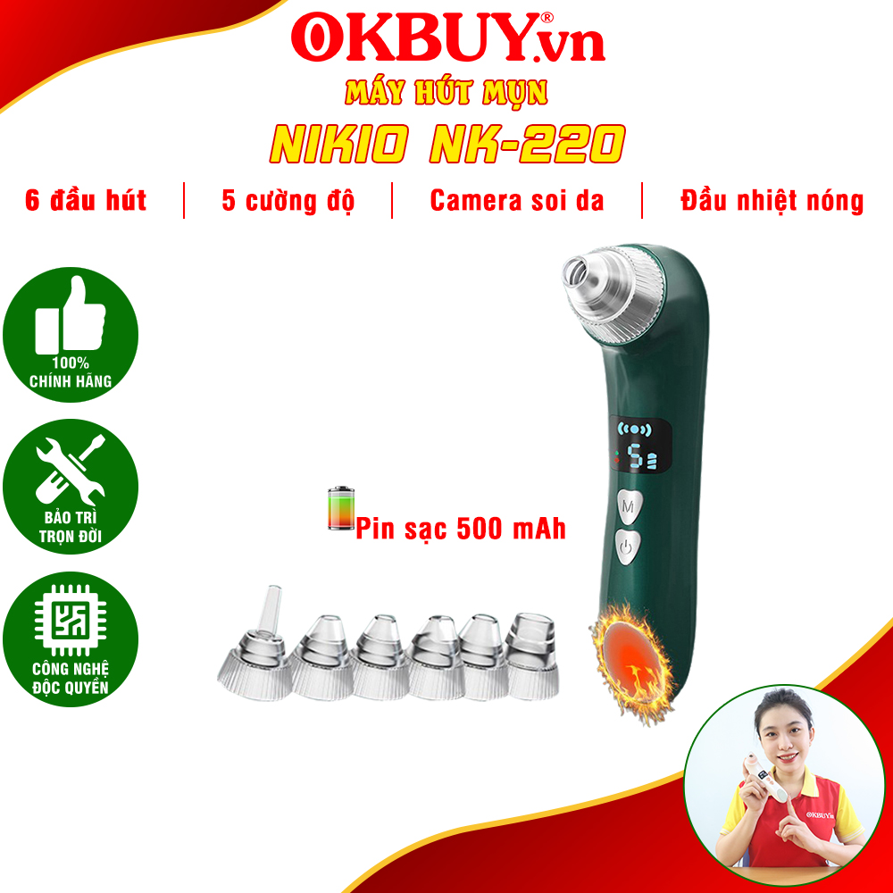 Máy Hút Mụn Cầm Tay Nikio NK-220 - Camera Hỗ Trợ Soi Da - Có 6 Đầu Hút Cải Tiến Mới, Hút Sạch Mọi Loại Mụn - Pin Sạc Tiện Lợi