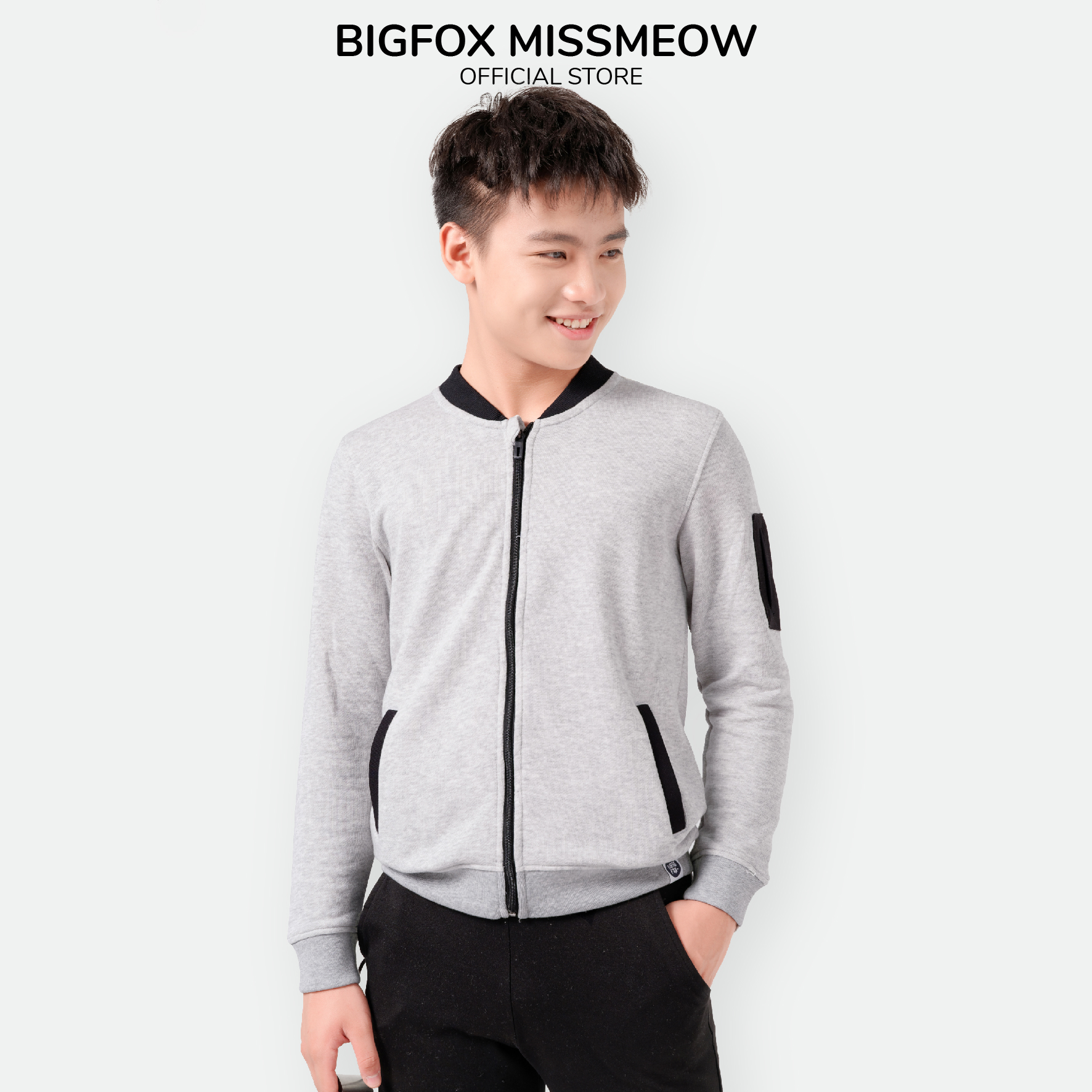 Áo bé trai BIGFOX - MISS MEOW thu đông, áo nỉ cho bé dài tay size đại dáng bomber màu tàn phối đen 41 - 56 kg