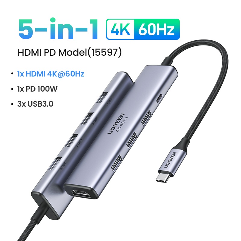 Hub chuyển đổi USB Type-C 5 trong 1 ra HDMI 4K@60Hz, USB-A x3, Sạc PD 100W Ugreen 15597 hàng chính hãng