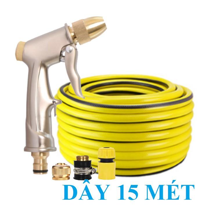 Bộ dây vòi xịt bơm nước tưới rửa , tăng áp 3 lần, loại 15m 206701-1 đầu đồng,cút,nối đồng+ đai