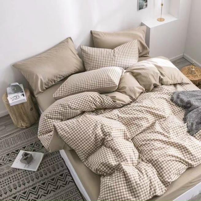 Bộ chăn ga gối , coton poly họa tiết kẻ ô vuông đủ size miễn phí bo chun