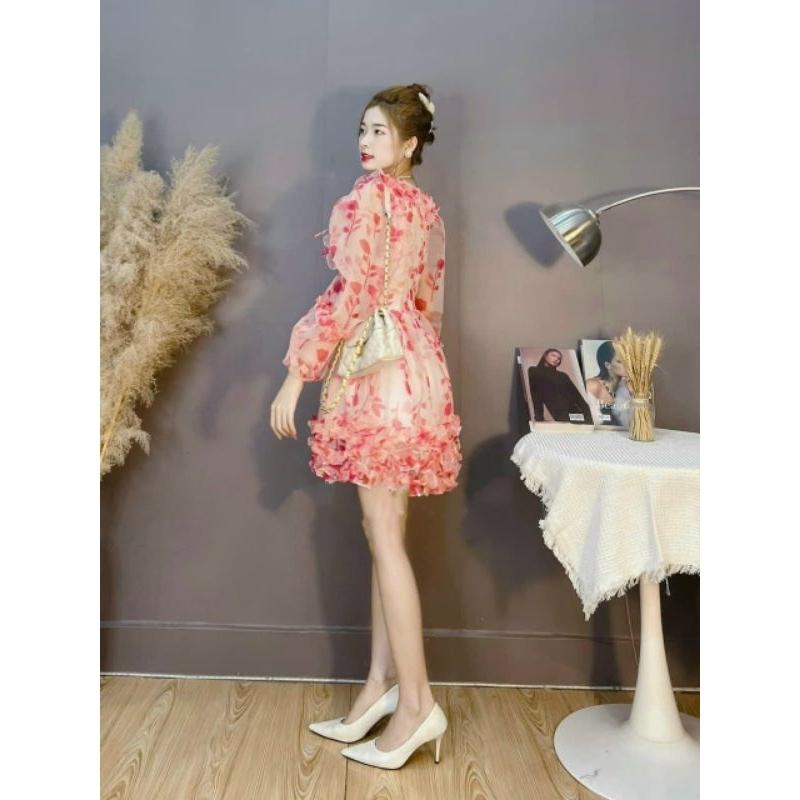 ĐẦM VOAN HOA TAY DÀI ĐAN DÂY XẾP TẦNG