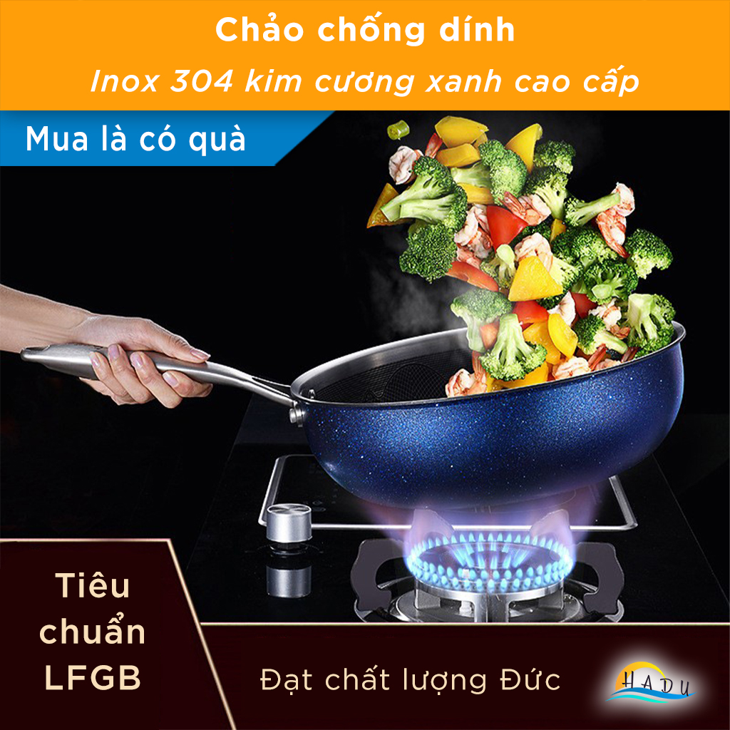 Chảo Chống Dính Bếp Từ Sâu Lòng Có Nắp 30cm Inox 304 Kim Cương Xanh Đạt Chất Lượng Đức SSGP