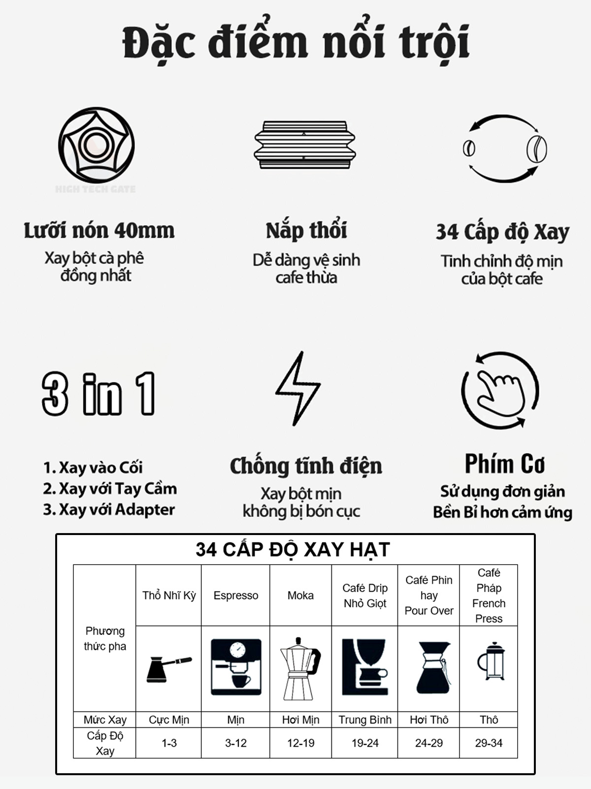 Máy Xay Cà Phê G68 Xay Hạt Cafe, 34 Cấp Xay, 3 in 1, Mọi Loại Tay Cầm, Chống Vón Cục Tĩnh Điện, Hàng Chính Hãng