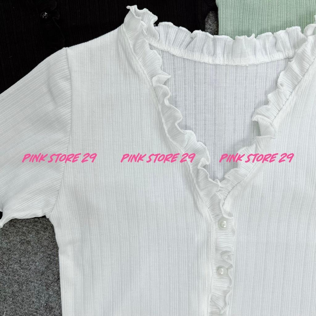 Áo croptop tay ngắn PINKSTORE29 viền bèo cúc ngọc A5042