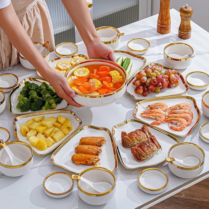 Bộ bát đĩa gốm sứ cao cấp bộ bát đĩa hoa mặt trời viền vàng kim sang chảnh