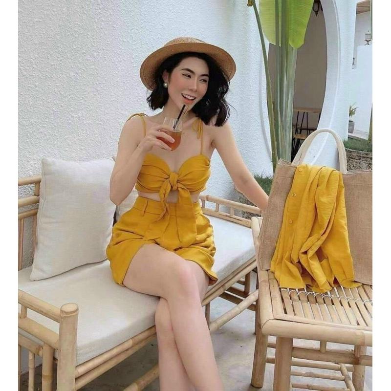 SET PHỐI 3 MÓN GỒM ÁO CROPTOP CỘT NƠ, ÁO KHOÁC NGOÀI KÈM QUẦN ĐÙI SIÊU XINH CHO NÀNG ĐI BIỂN DU LICH