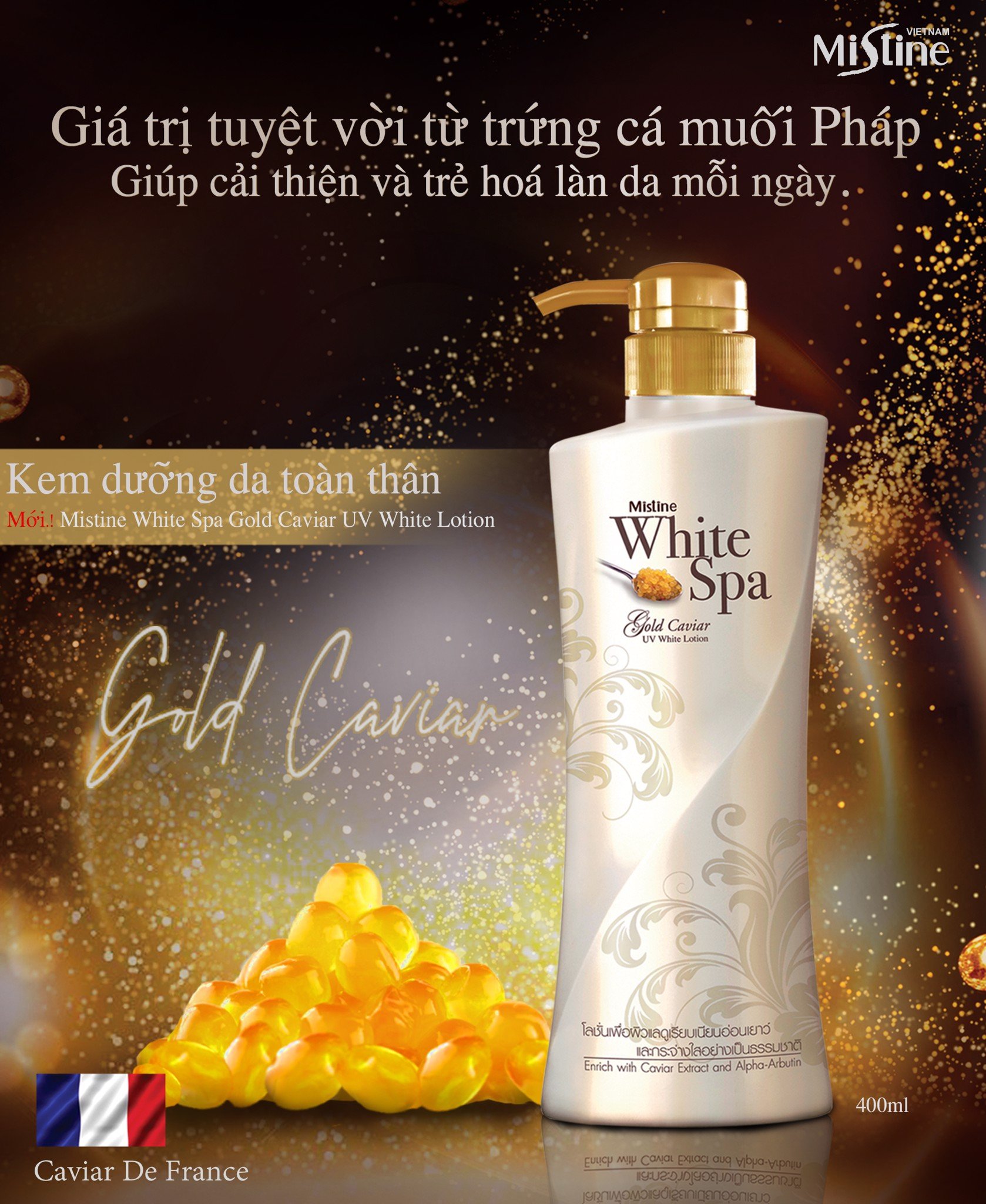 Kem dưỡng trắng da Mistine White Spa Gold Carvia Thái Lan 400ml tặng móc khóa