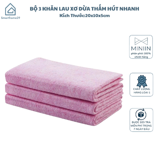 Bộ 3 Khăn Lau Xơ Dừa Thấm Hút Nhanh, Dùng Cho Bếp và Nhà Tắm - HÀNG CHÍNH HÃNG MINIIN