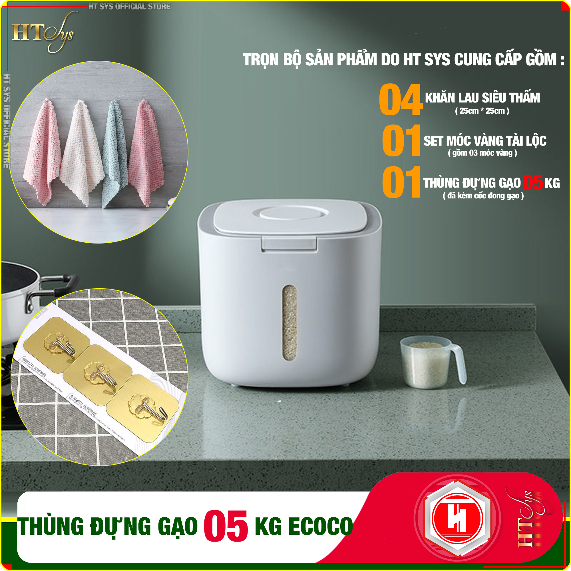 Thùng đựng gạo ECOCO-5KG-E2029-Thiết kế dạng nhấn nút-Chống kiến, chống ẩm, chống mọt-Chất liệu ABS cao cấp + 01 Sét móc vàng tài lộc + 04 Khăn Lau - [ Hàng Nhập Khẩu ]