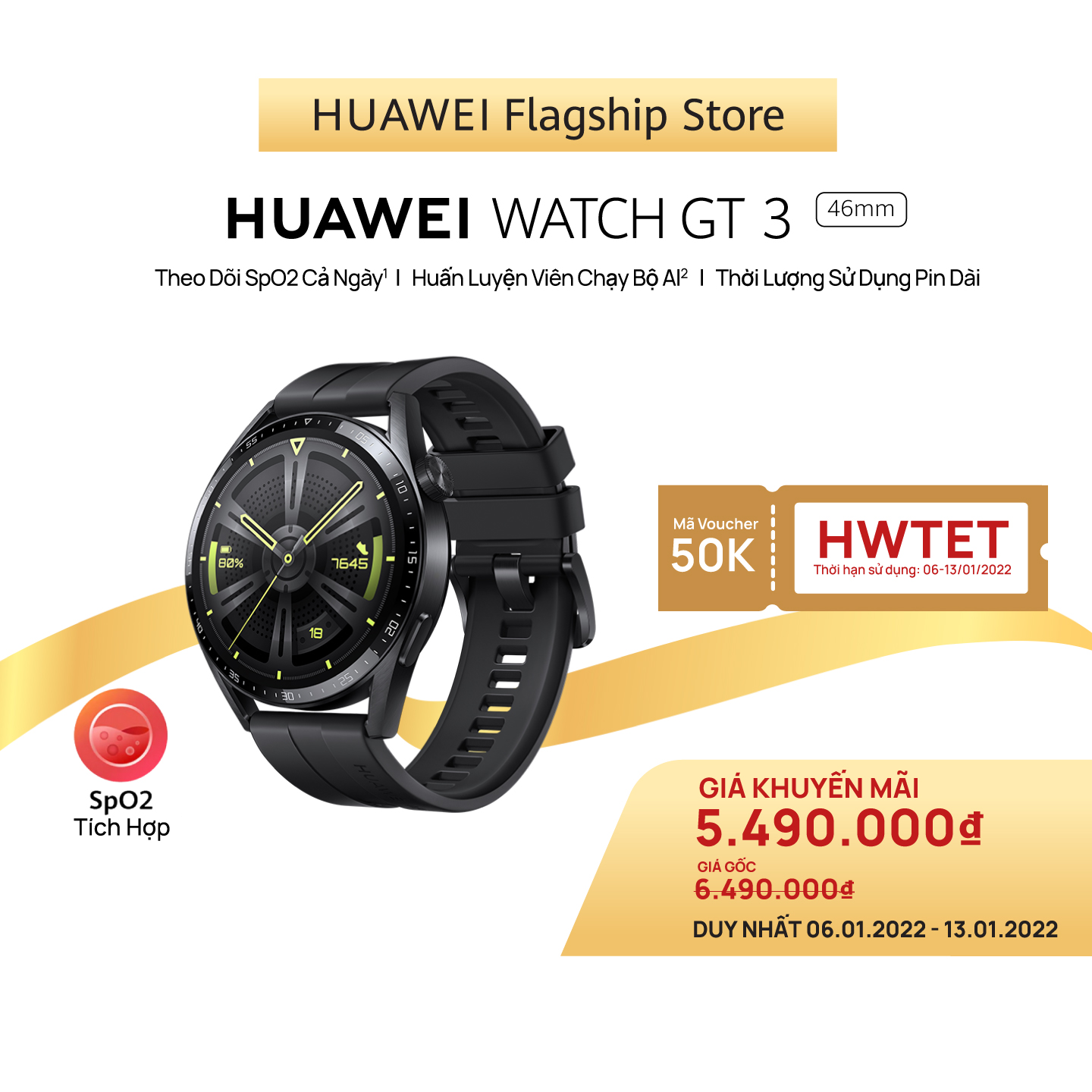 Đồng Hồ Thông Minh HUAWEI WATCH GT 3 46mm | Theo Dõi Spo2 Cả Ngày | Huấn Luyện Viên Chạy Bộ AI | Thời Lượng Sử Dụng Pin Dài | Hàng Chính Hãng