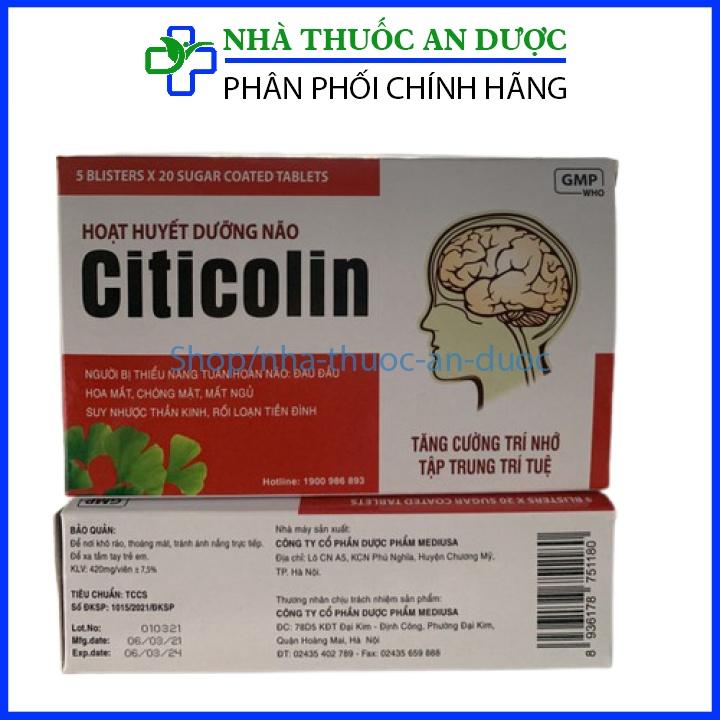 Hoạt huyết dưỡng não Ginkgo biloba Citicolin giảm đau đầu, hoa mắt, chóng mặt - Hộp 100 viên