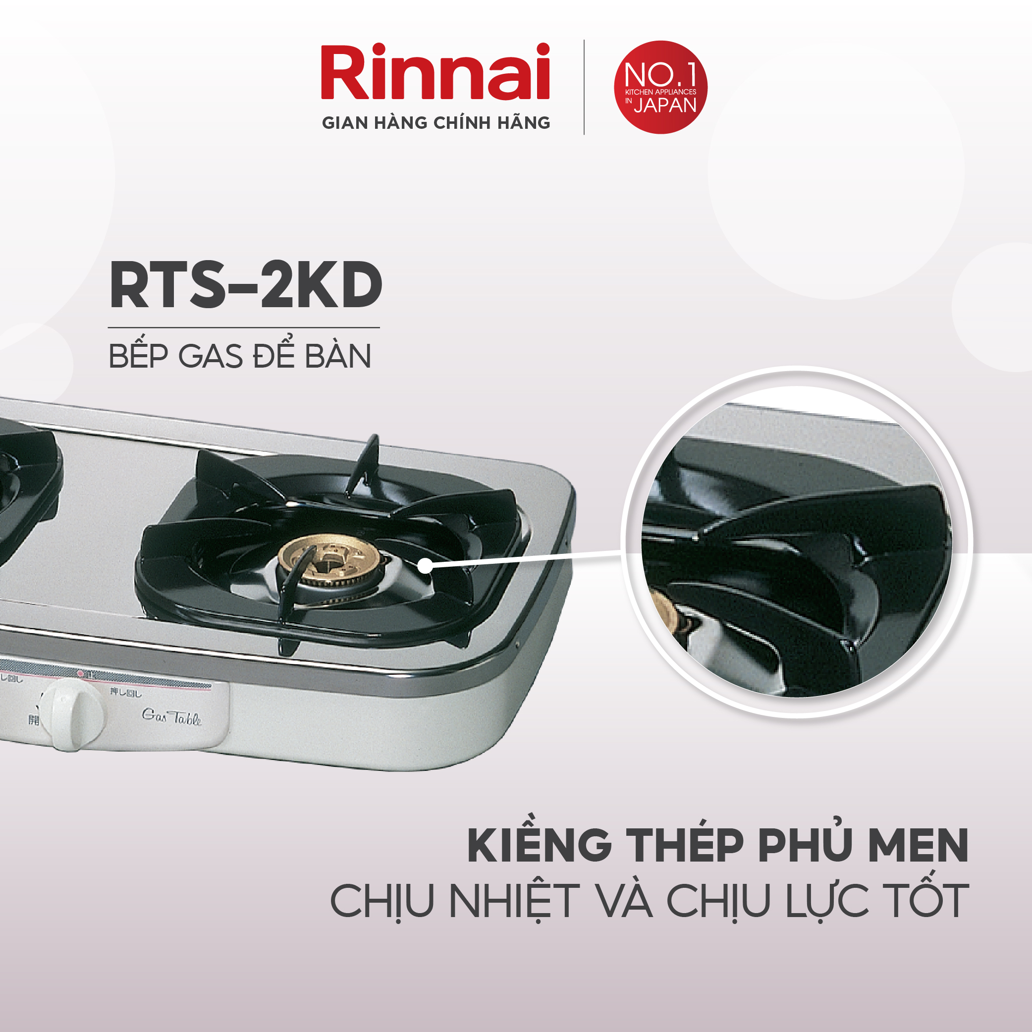 Bếp gas dương Rinnai RTS-2KD mặt bếp inox và kiềng bếp men - Hàng chính hãng.