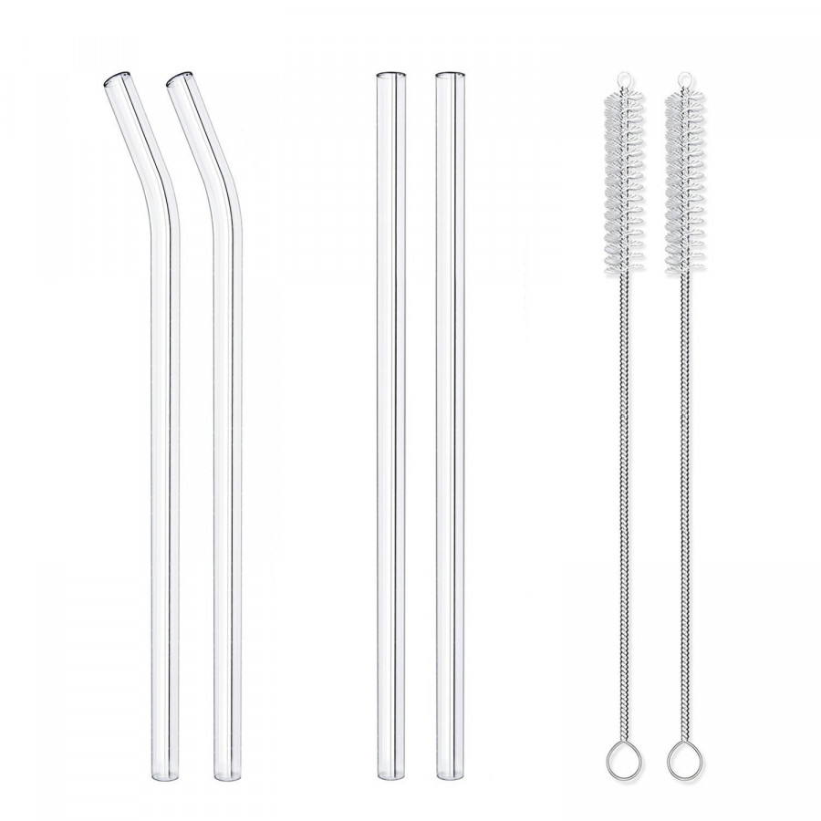 Bộ 4 Ống Hút Thủy Tinh Chịu Nhiệt + 2 Cọ Rửa + 1 Túi Vải