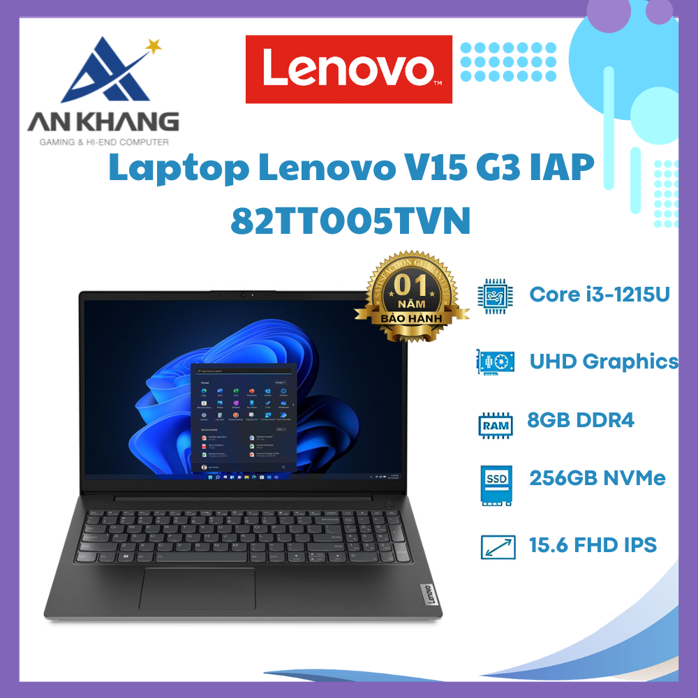 Laptop Lenovo V15 G3 IAP 82TT005TVN (Core i3-1215U | Ram 8GB | 256GB SSD | Intel UHD Graphics | 15.6inch FHD | No OS | Đen) - Hàng Chính Hãng