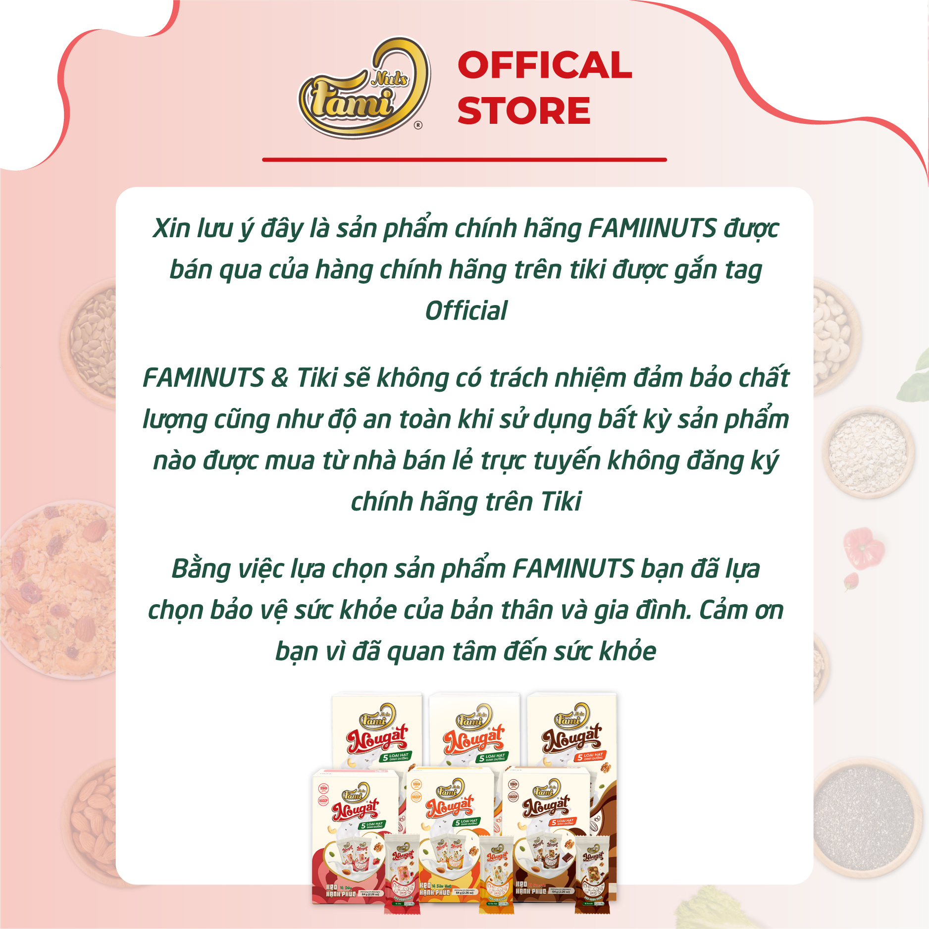 Kẹo Nougat Kẹo ít ngọt - FAMINUTS 5 Loại Hạt Vị Dâu Thơm Ngon